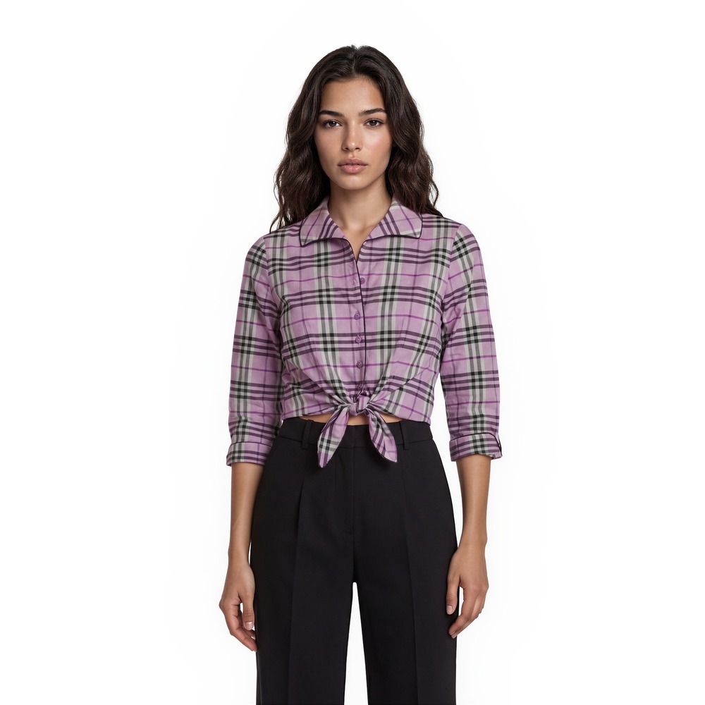 Marisa Baratelli Plaid 100% Thai Silk Blouse Womens Size 10 Purple Front Tie Top